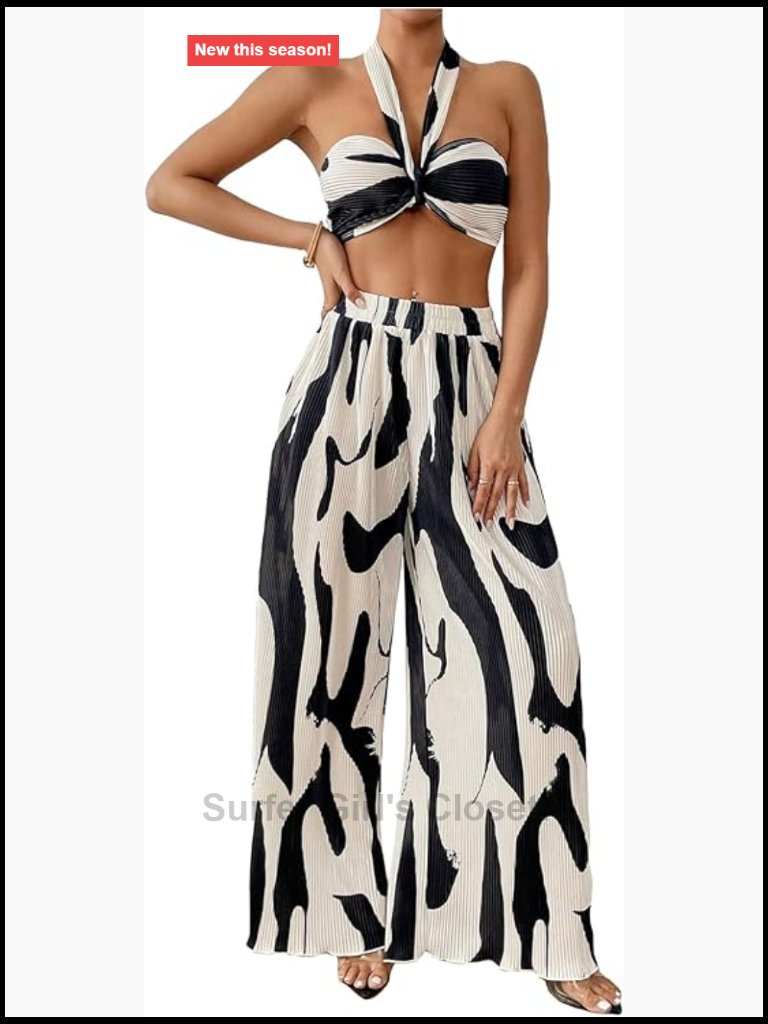 Women's 2 Piece Knitted Crop Top & Wide Leg Pants Set